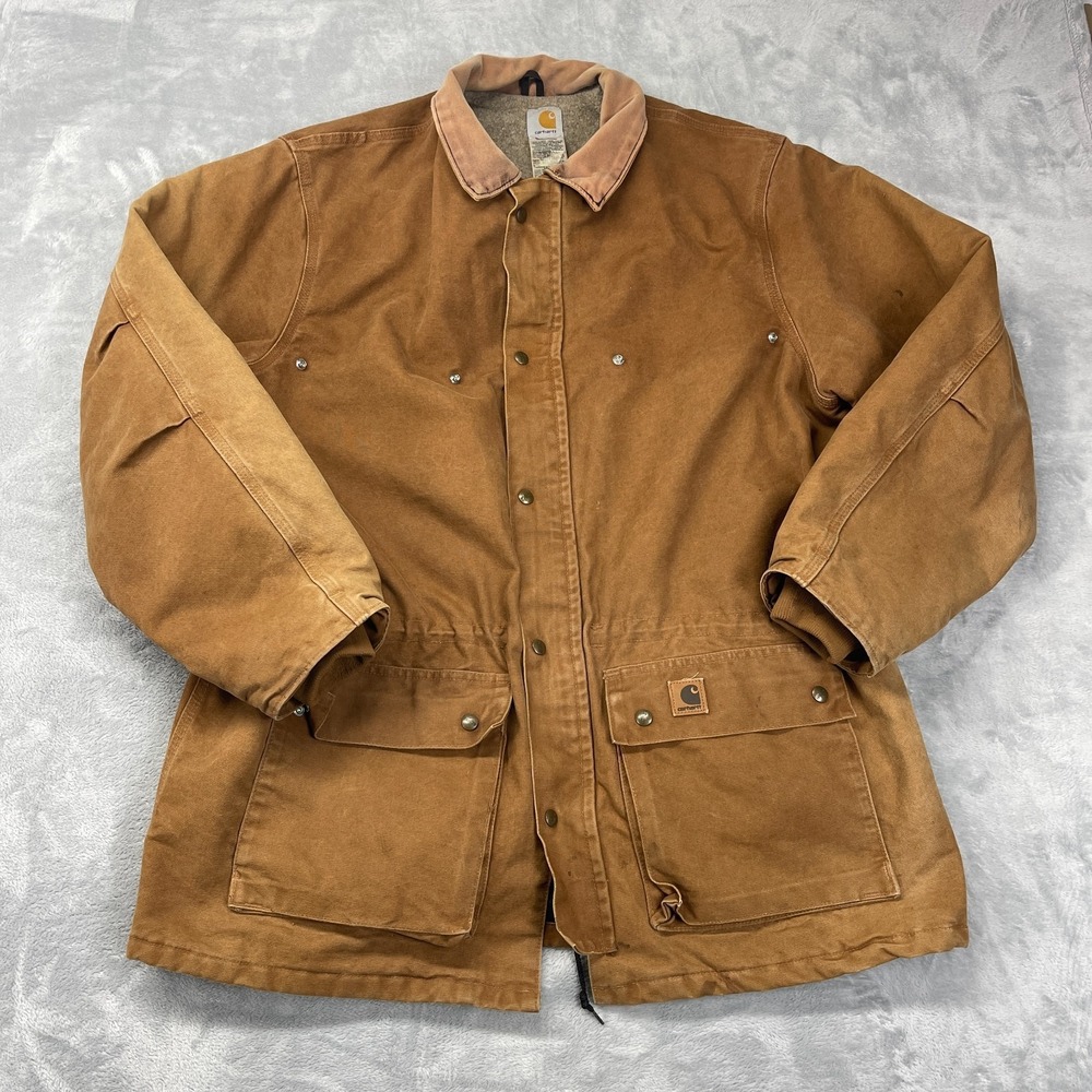 Carhartt Workwear Chore Coat Mens 2XL Brown Canvas Blanket-Lined Snap Inside Zip